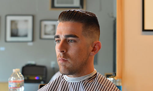  , Side Part Pompadour, Skin Fade, with a razor line up in front