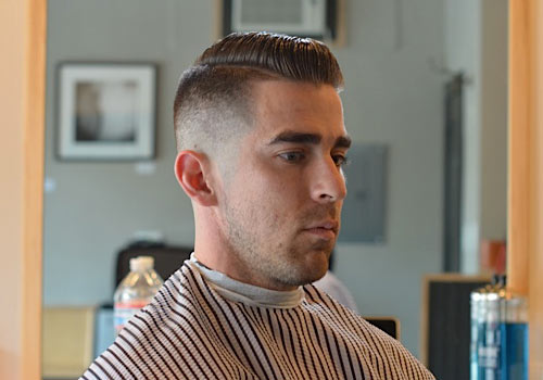  , Side Part Pompadour, Skin Fade, with a razor line up in front