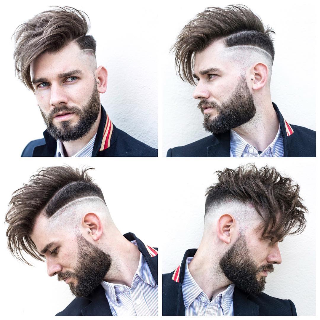 Long fringe mens haircut with disconnected beard