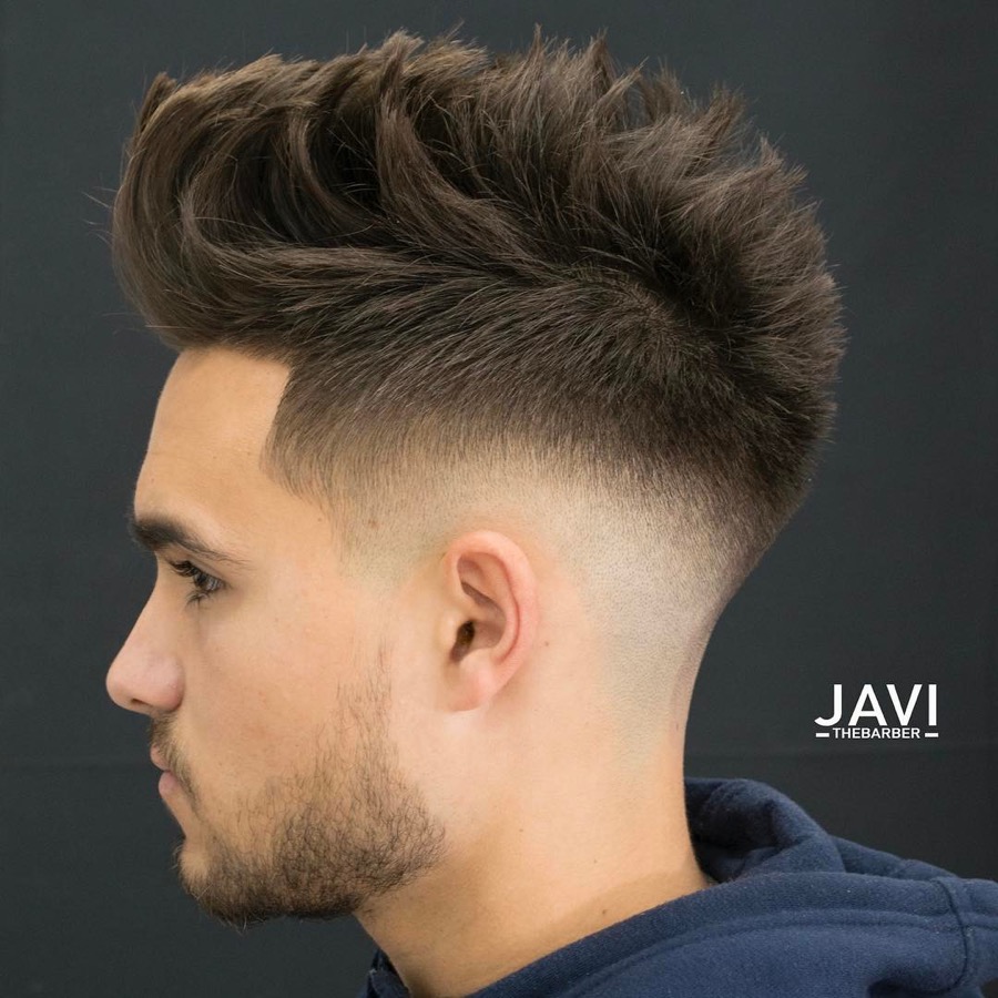Textured mohawk quiff haircut and low fade