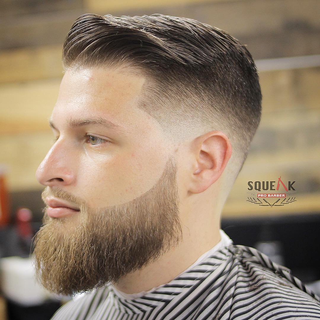 squeakprobarber traditional combover fade haircut with beard