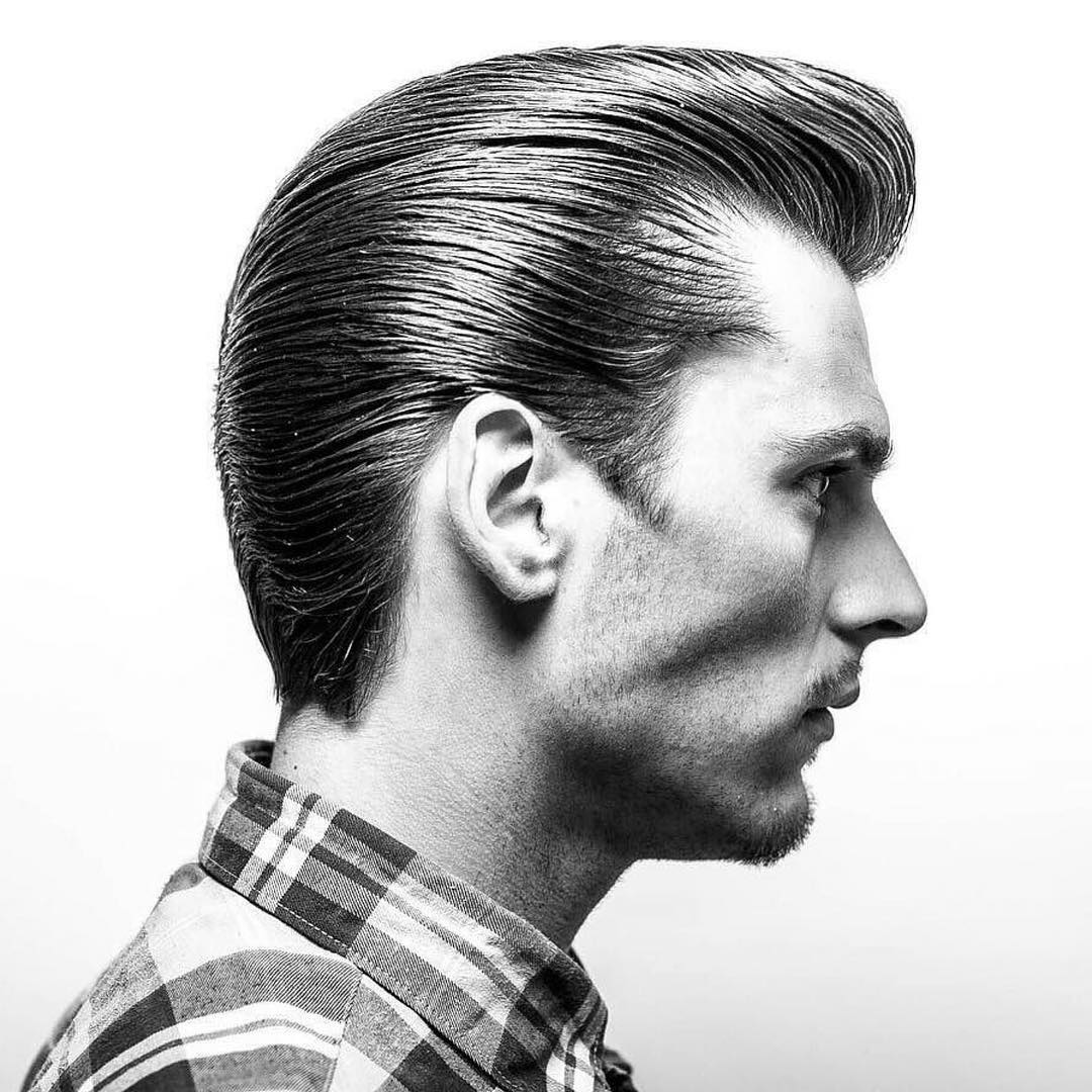 Medium length slicked back pompadour