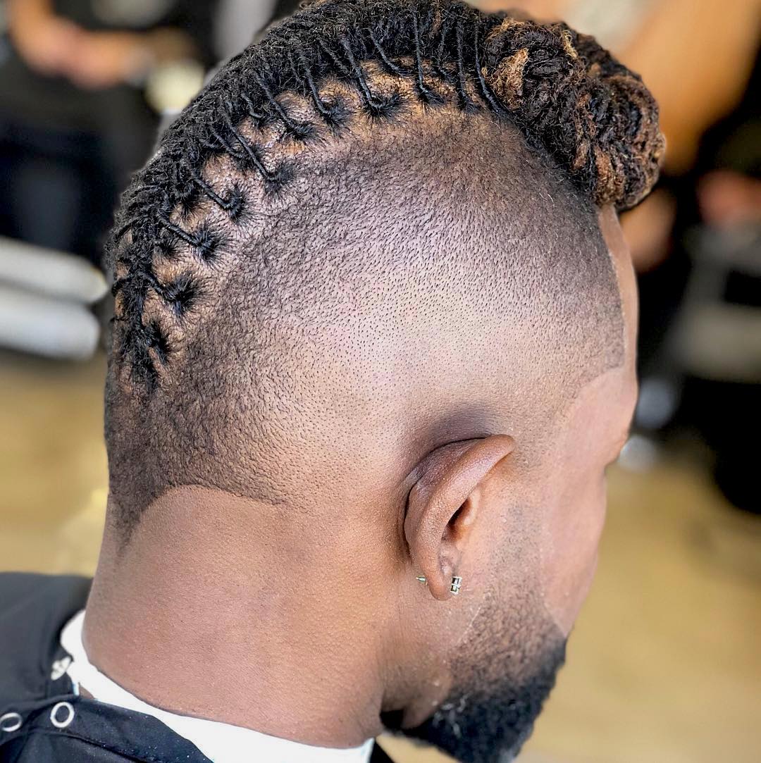 French braided micro locks dreadlocks for men with burst fade mohawk