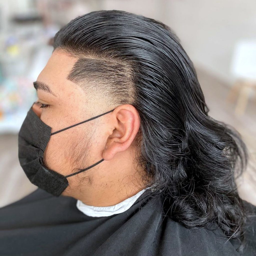 Long hair mullet with temple fade