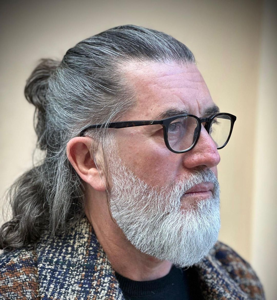 White beard style with long hair for older men