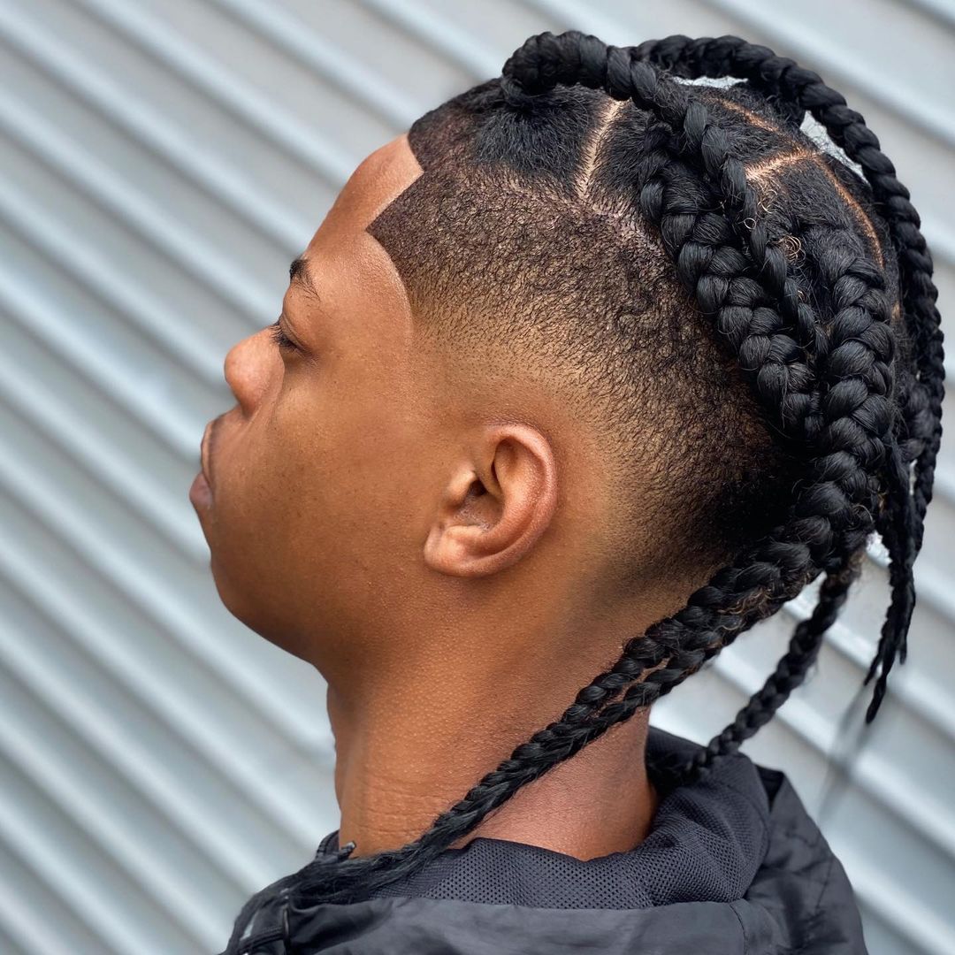 Thick stitch box braids for men with drop fade